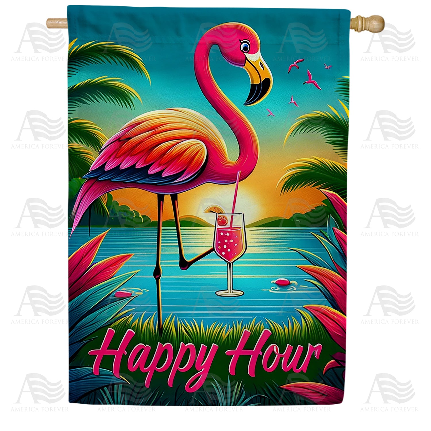 Happy Hour Flamingo Double Sided House Flag
