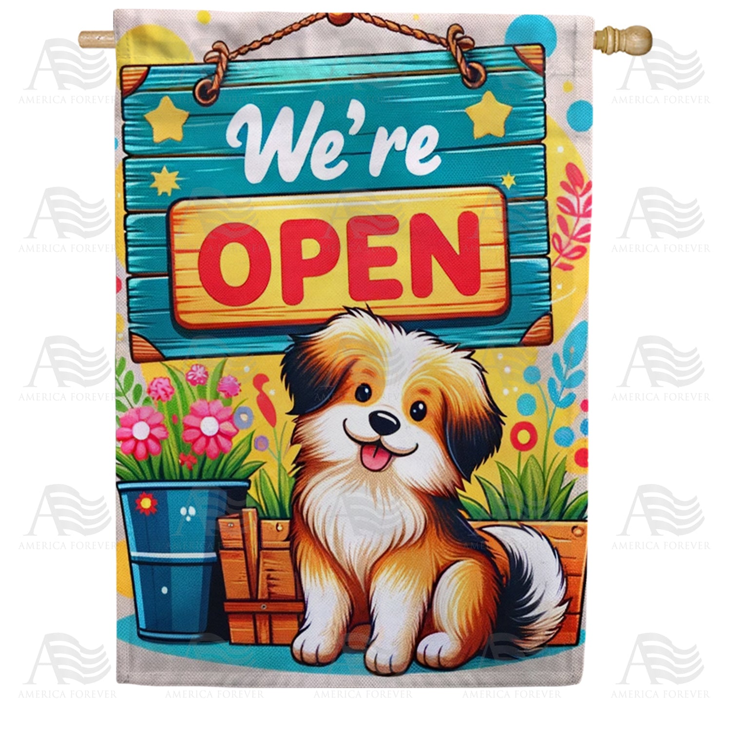 Welcoming Puppy with Open Sign Double Sided House Flag