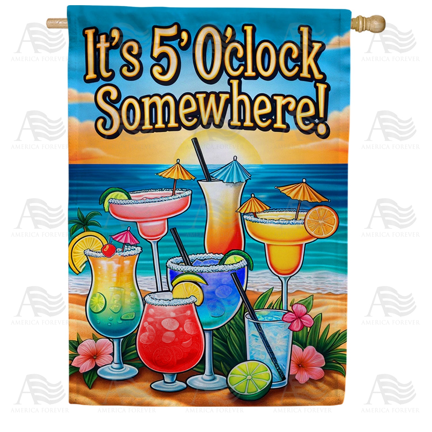 Beachfront Happy Hour Cocktails Double Sided House Flag