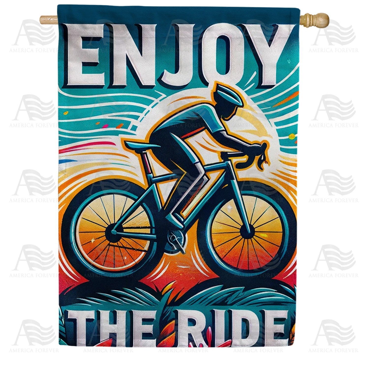 Retro Cyclist Sunset Ride Double Sided House Flag