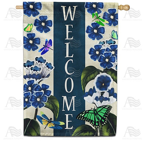 Blue Welcome Flowers Double Sided House Flag