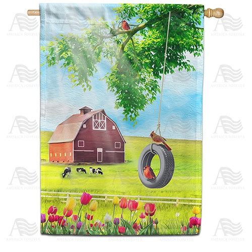 Spring Farm Swing and Tulips Double Sided House Flag