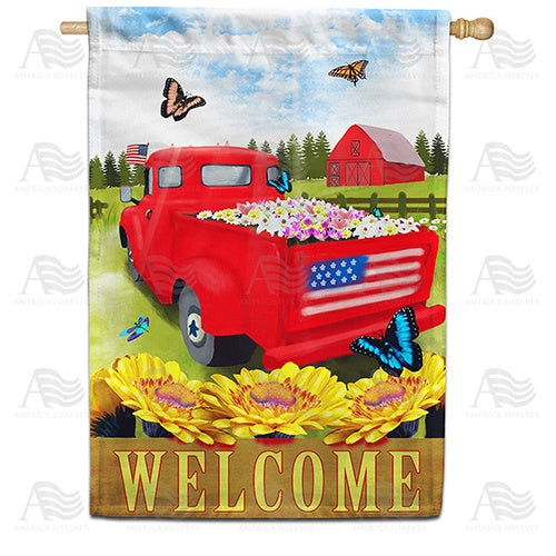 Red Truck Welcome Patriotic Double Sided House Flag