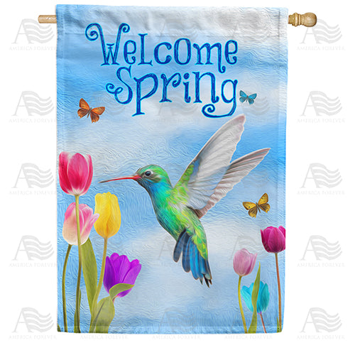 Spring Hummingbird and Tulips Double Sided House Flag