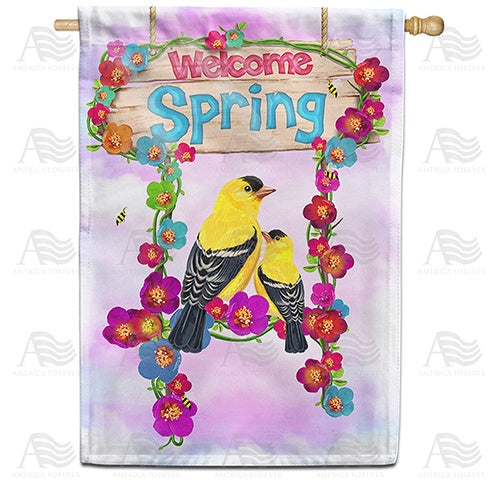 Welcome Spring Yellow Finches Double Sided House Flag