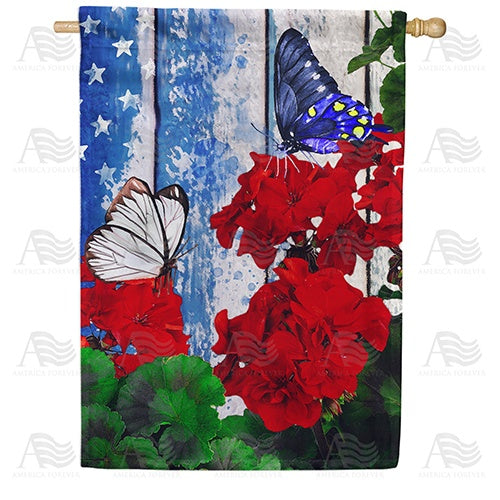 Patriotic Geraniums Butterfly Double Sided House Flag