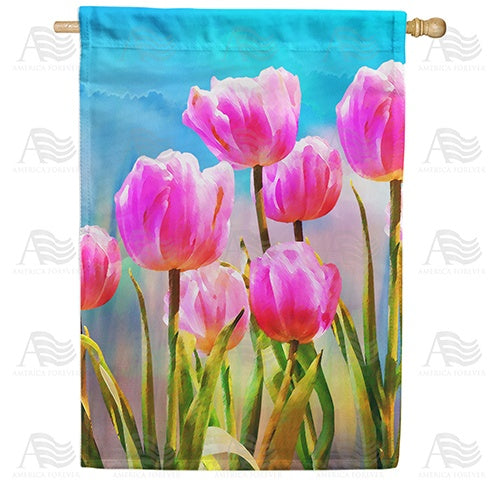 Pink Tulips Watercolor Double Sided House Flag