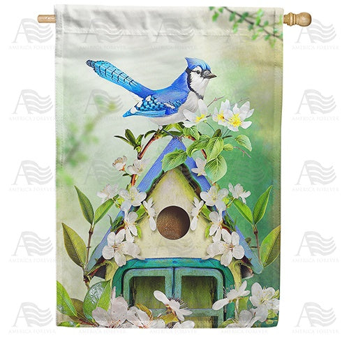 Blue Jay In Blossoms Double Sided House Flag