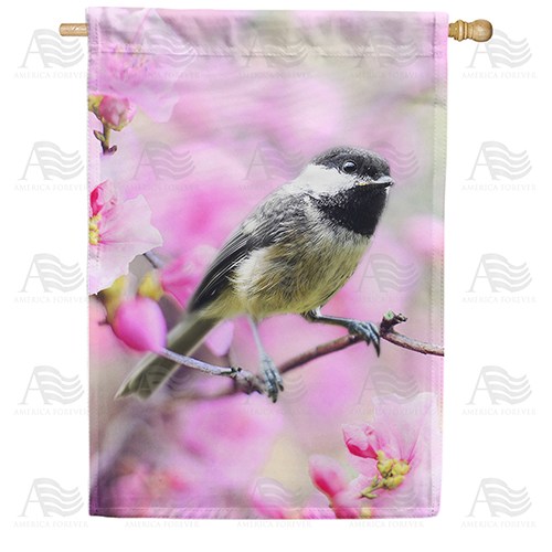 Chickadee In Apple Tree Blossoms Double Sided House Flag