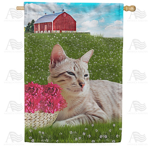Cat Napping In Field Double Sided House Flag