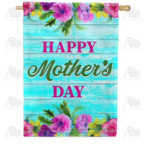 Happy Mother's Day On Blue Wood Double Sided House Flag