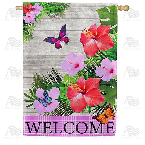 Hibiscus Butterflies Welcome Double Sided House Flag