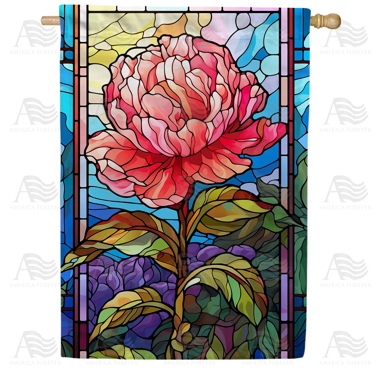 Pink Flower Stained Glass Double Sided House Flag