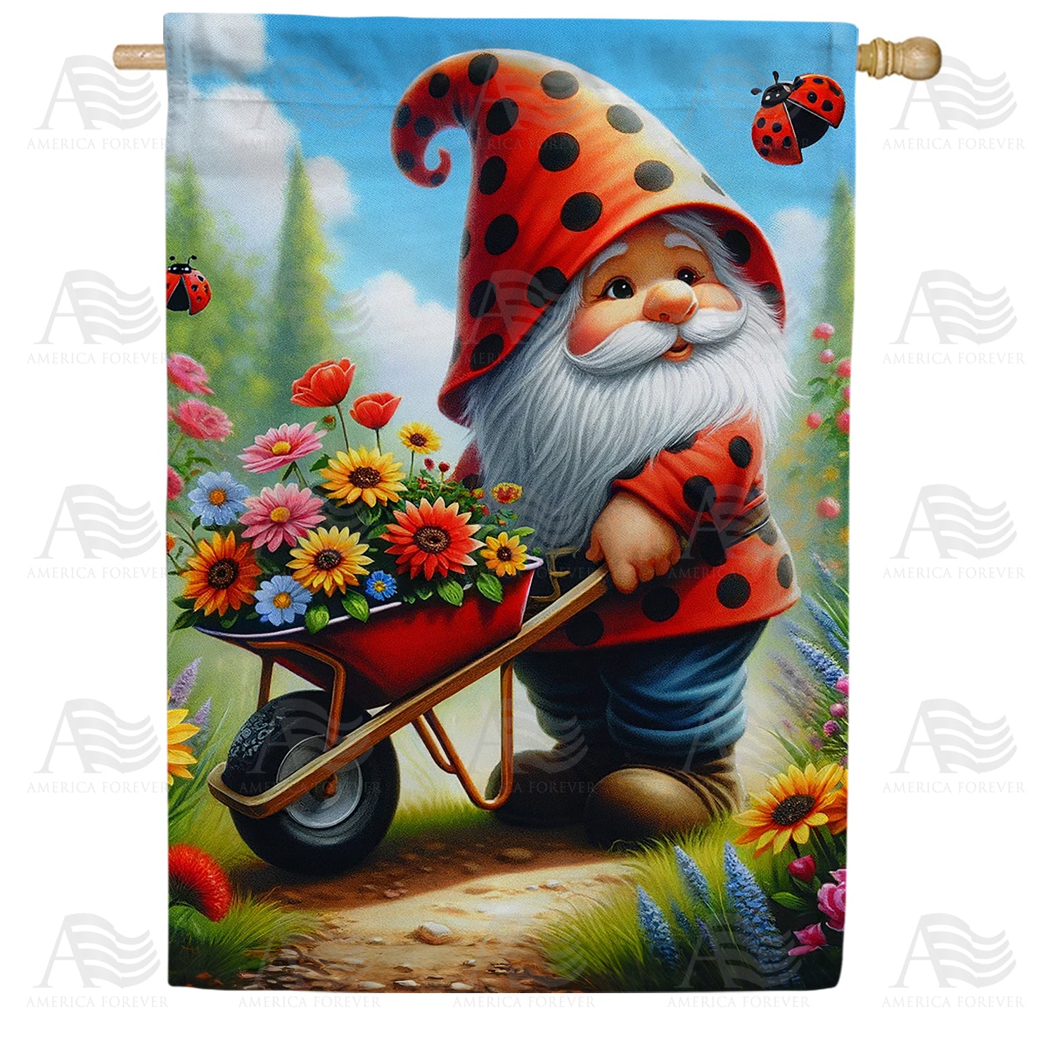 Garden Gnome with Floral Wheelbarrow Double Sided House Flag