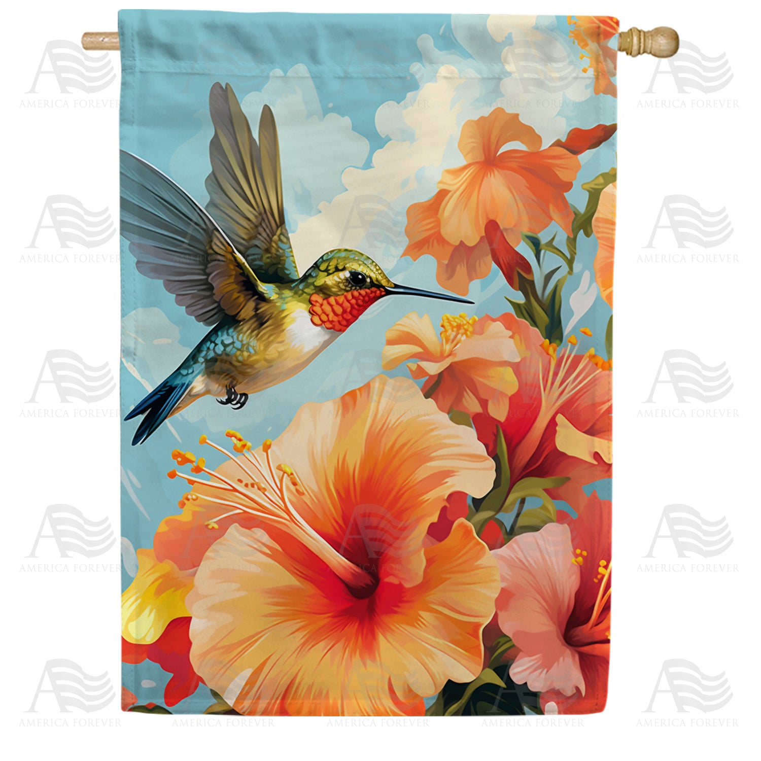 Hummingbird Amongst Hibiscus Double Sided House Flag