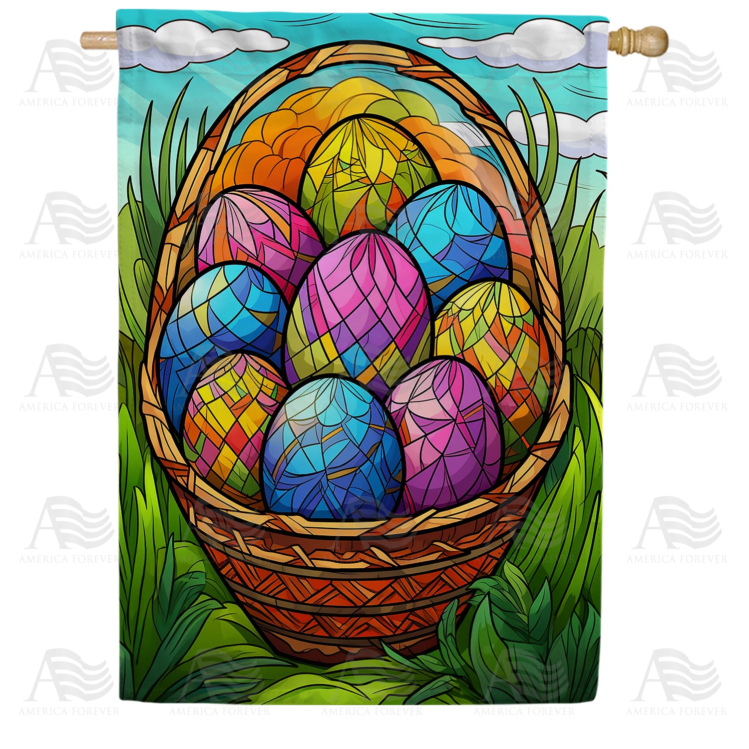 Stained Glass Easter Eggs Basket Double Sided House Flag