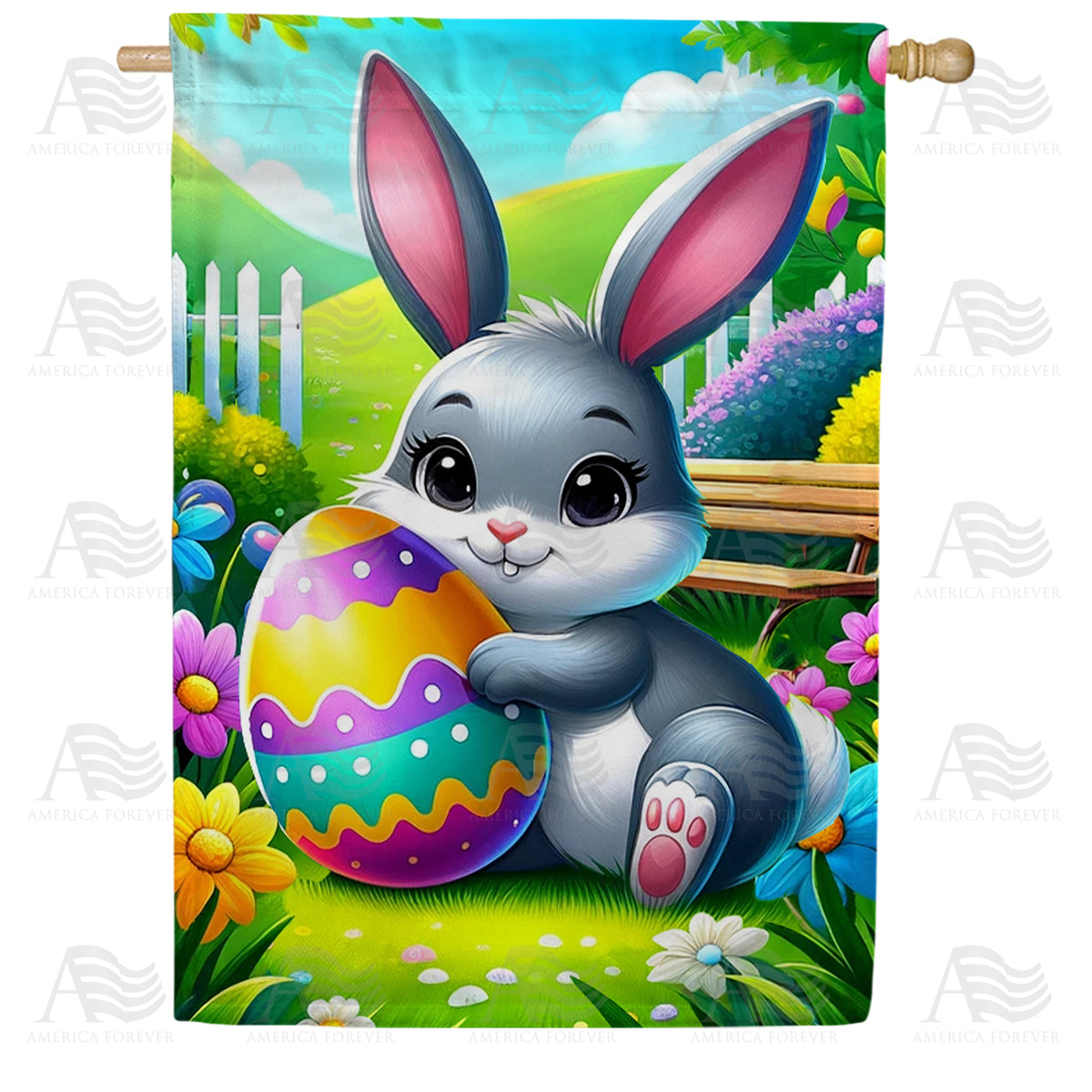Easter Rabbit America America Forever Cheerful Bunny with Easter Egg Double Sided House Flag ...