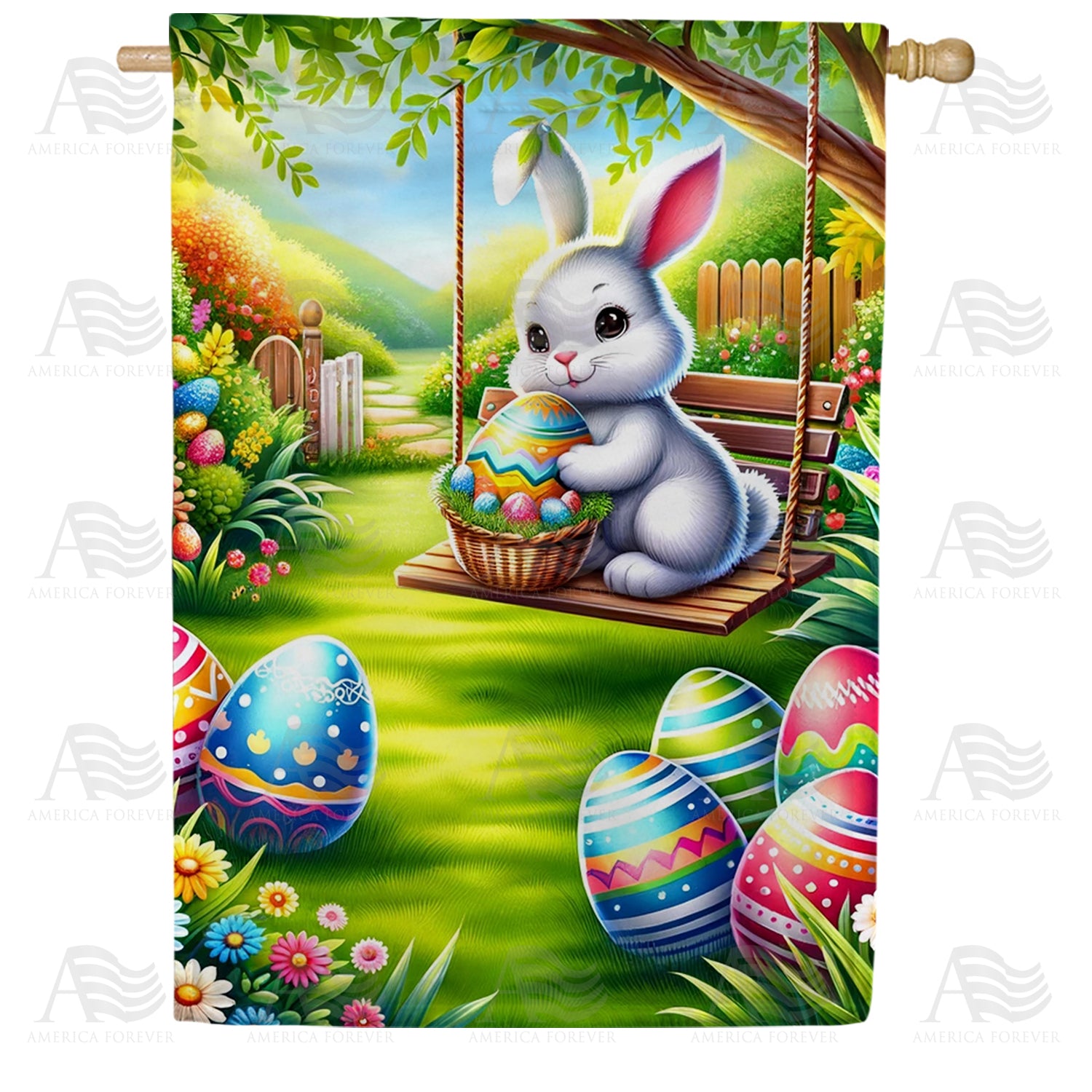 Bunny on Swing with Easter Eggs Double Sided House Flag