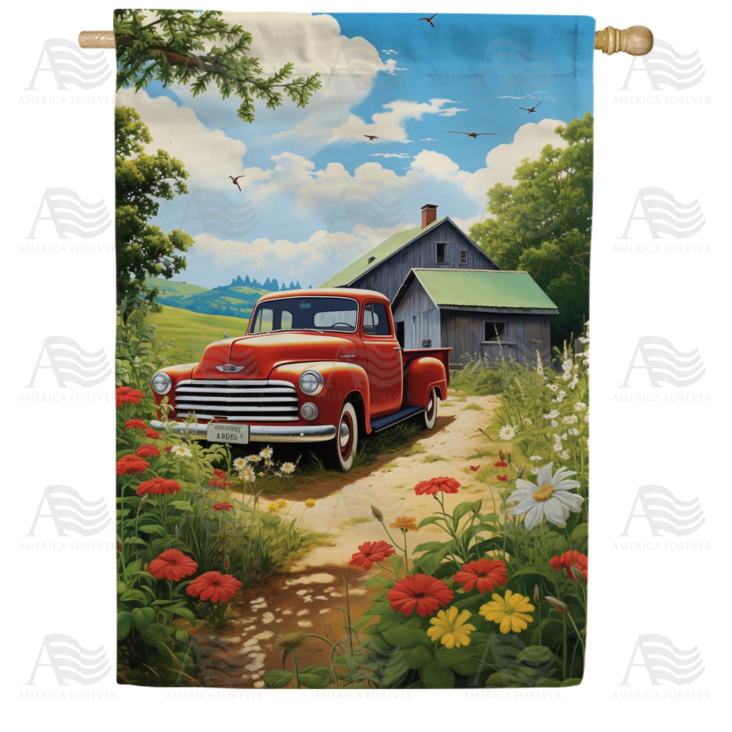 Red Pickup in Rural Bliss Double Sided House Flag