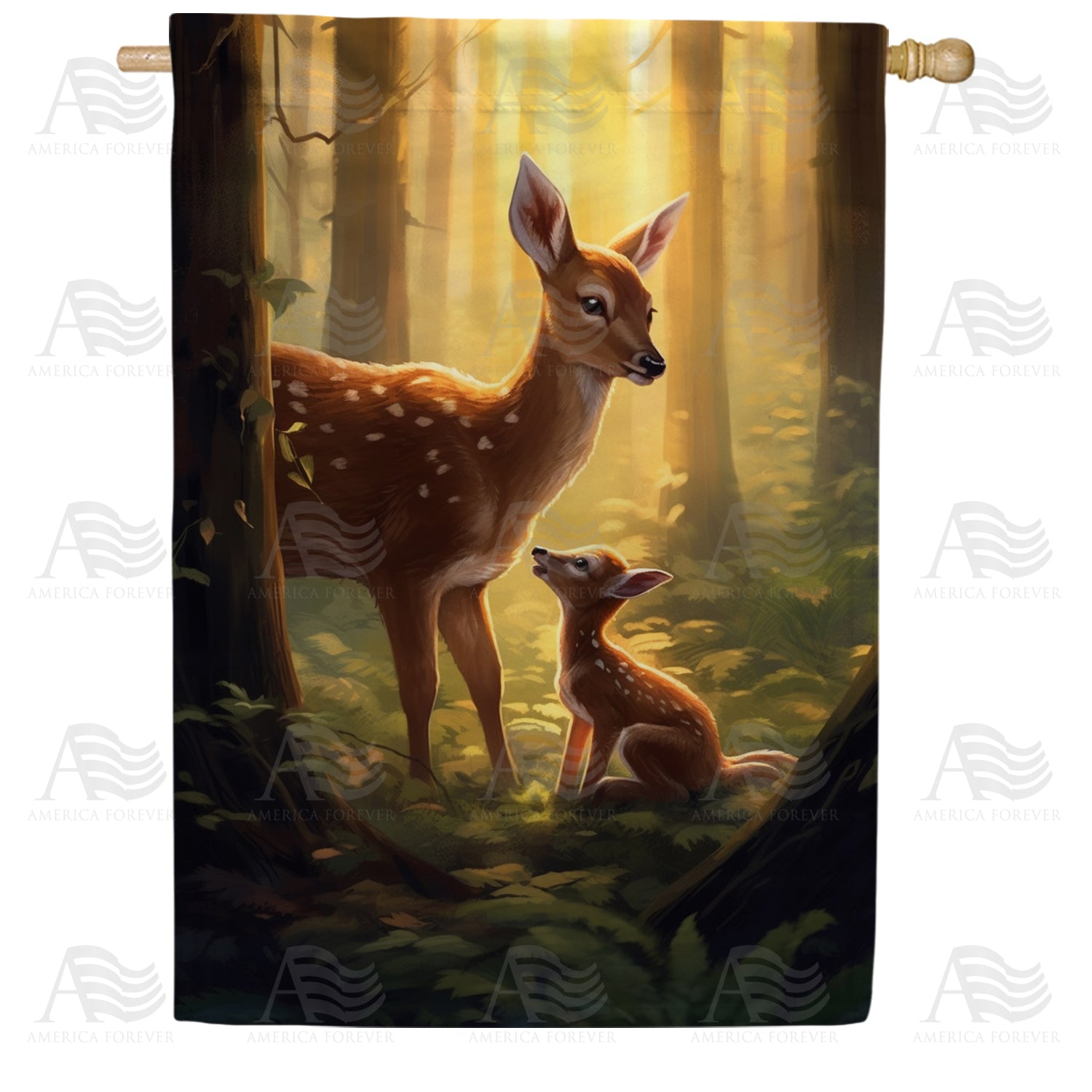 Doe and Fawn in Mystic Forest Light Double Sided House Flag
