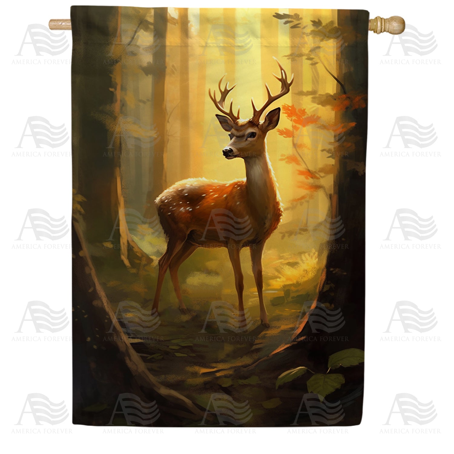 Stag in Golden Forest Light Double Sided House Flag