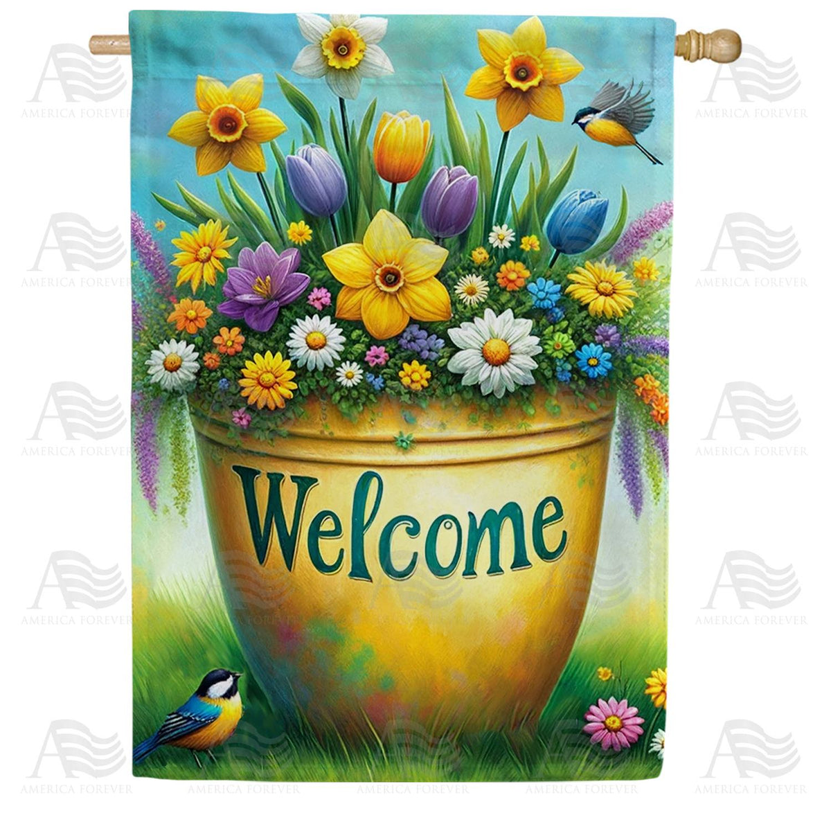 Springtime Welcome Flower Pot Double Sided House Flag