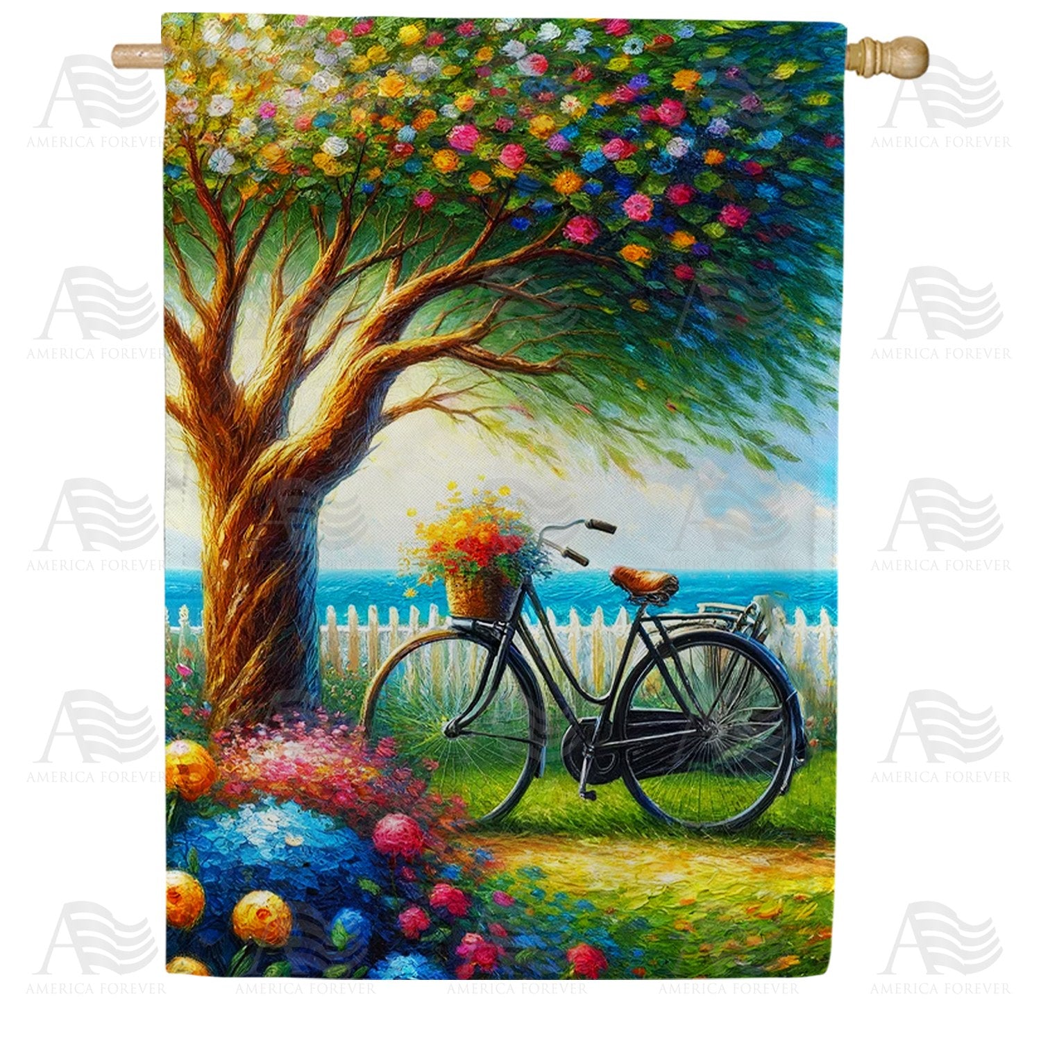 Blossoming Springtime Bicycle Double Sided House Flag