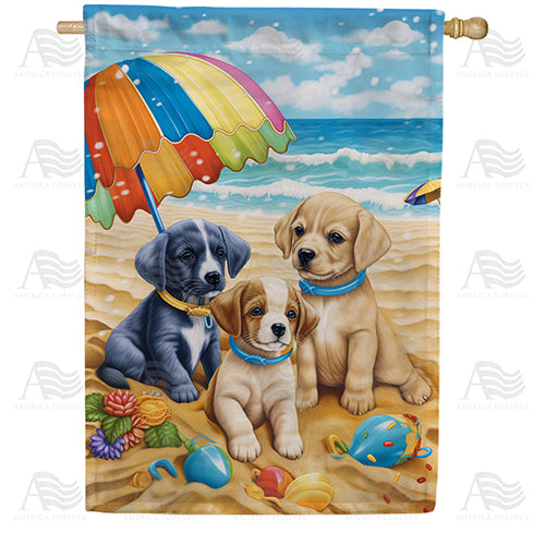 Puppy Beach Day Double Sided House Flag