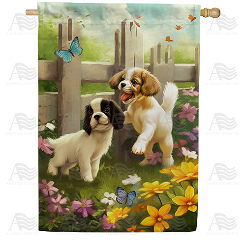Frolicking Puppies Double Sided House Flag