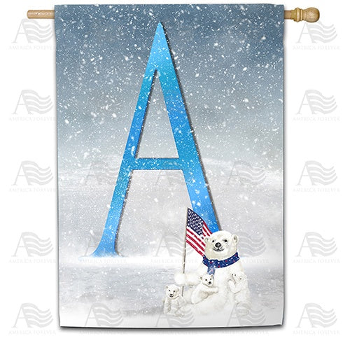 Polar Bear Snow Family Double Sided Monogram House Flag