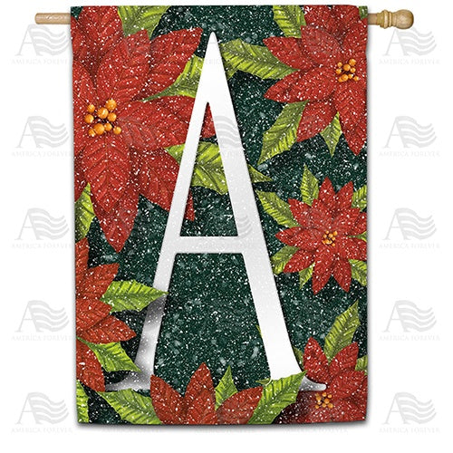 Snowy Poinsettias Double Sided Monogram House Flag