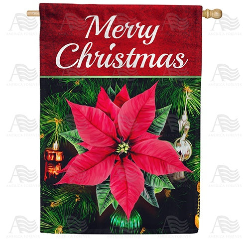 Merry Christmas Poinsettia And Ornaments Double Sided House Flag