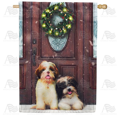 Waiting For Santa Puppies Double Sided House Flag