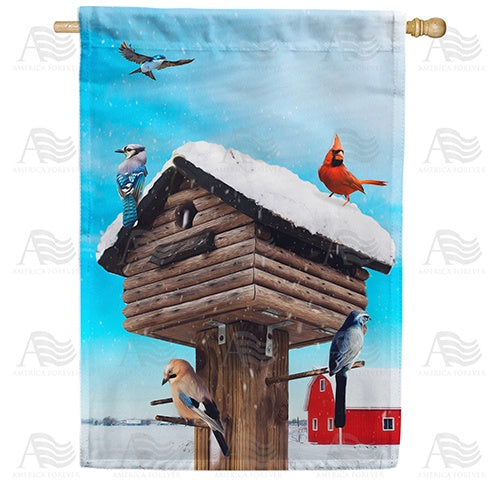 Birds Gather At Winter Home Double Sided House Flag