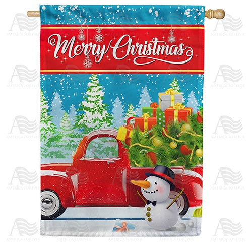 Snowman Delivers Gifts Double Sided House Flag