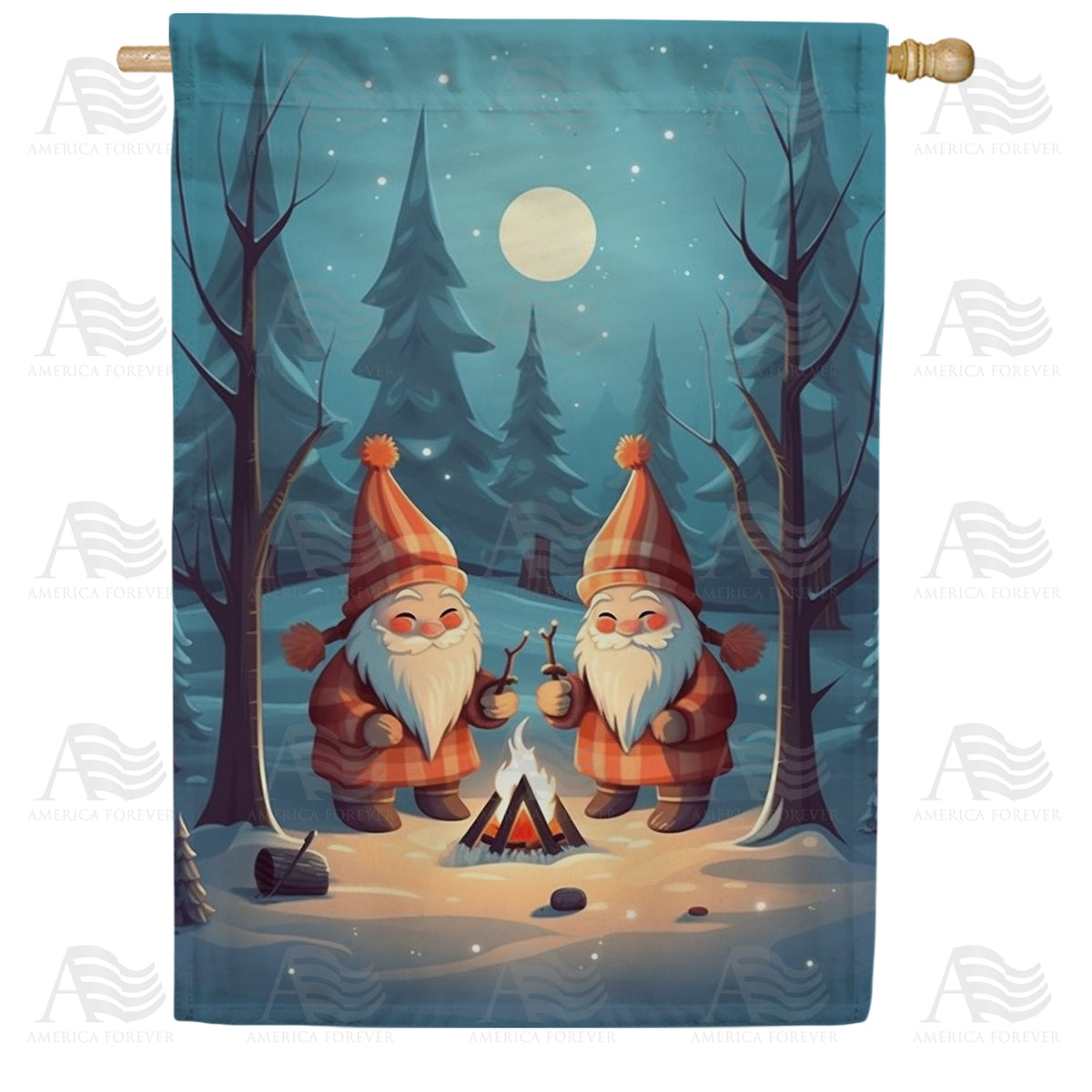 Gnome Winter Campfire Double Sided House Flag