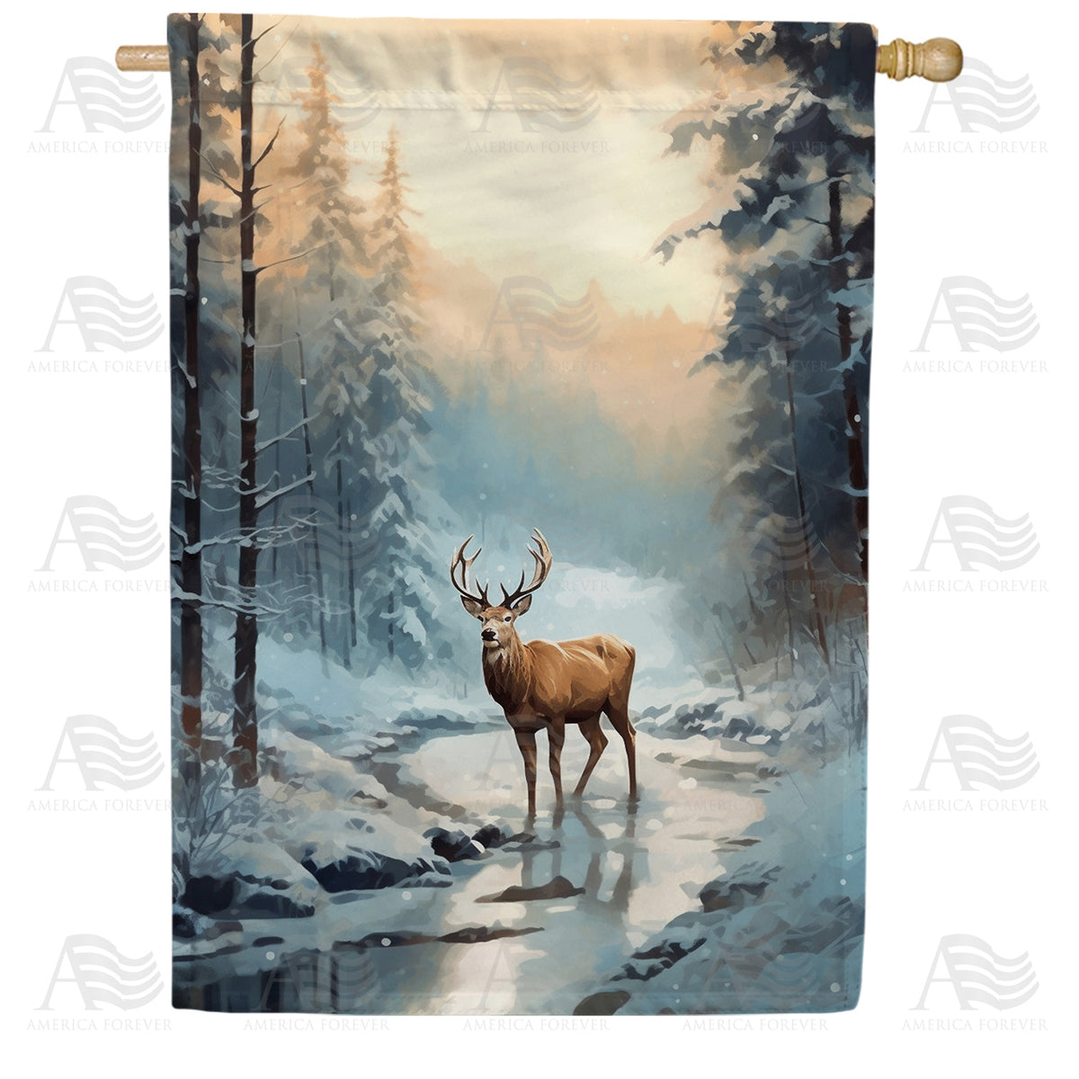Deer In Winter Creek Double Sided House Flag
