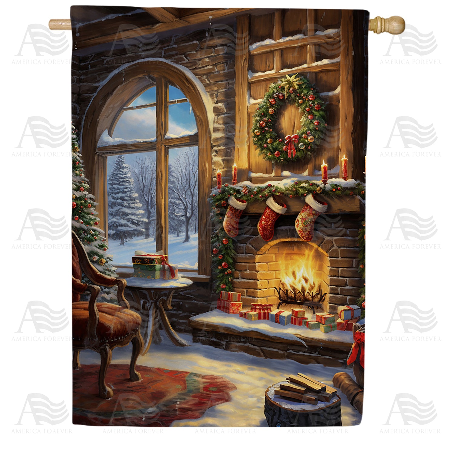 Winter Snow Lodge Double Sided House Flag