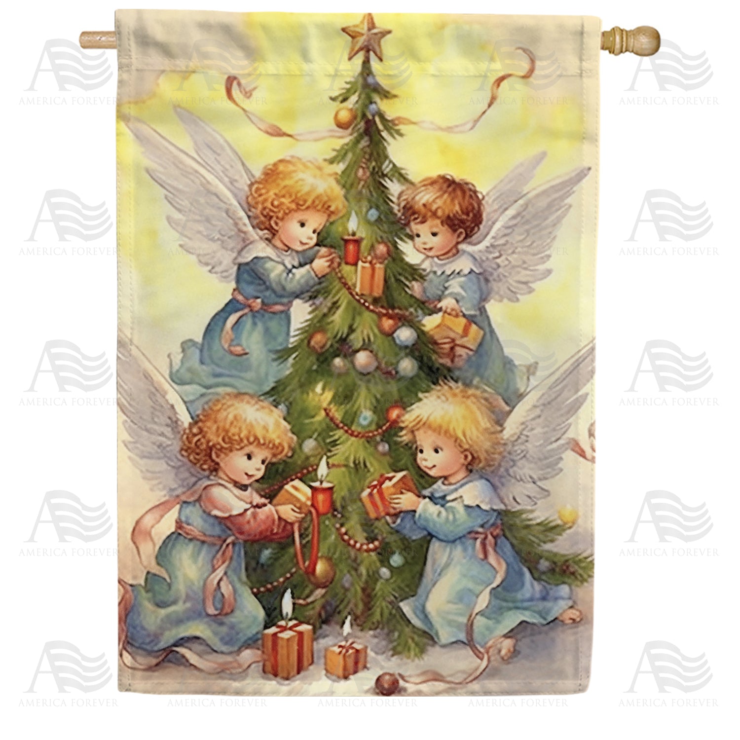 Angels Decorate Tree Double Sided House Flag