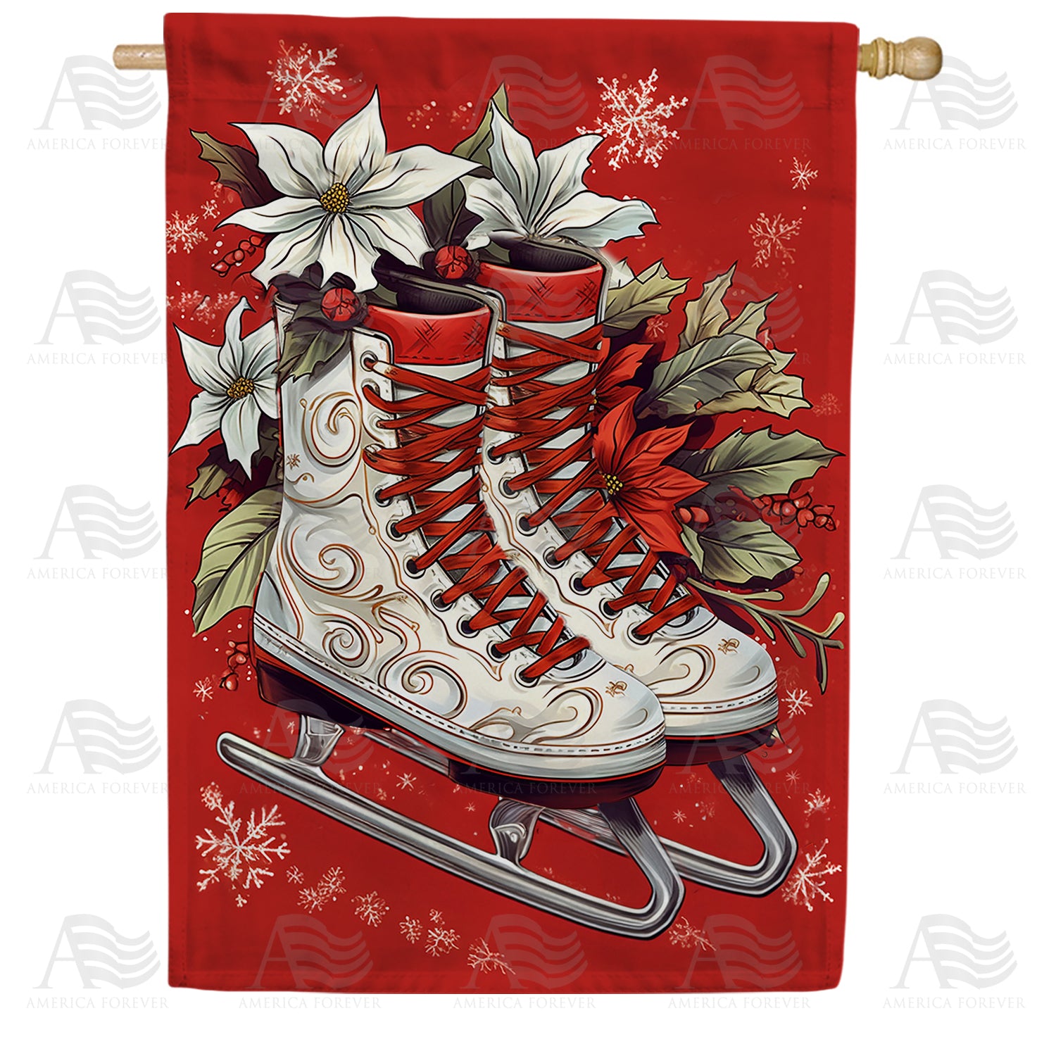 Winter Holly Skates Double Sided House Flag