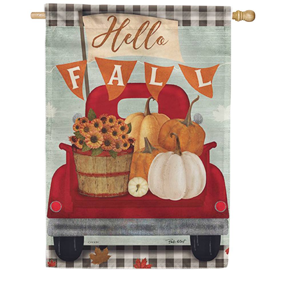 Hello Fall Red Truck Double Sided House Flag
