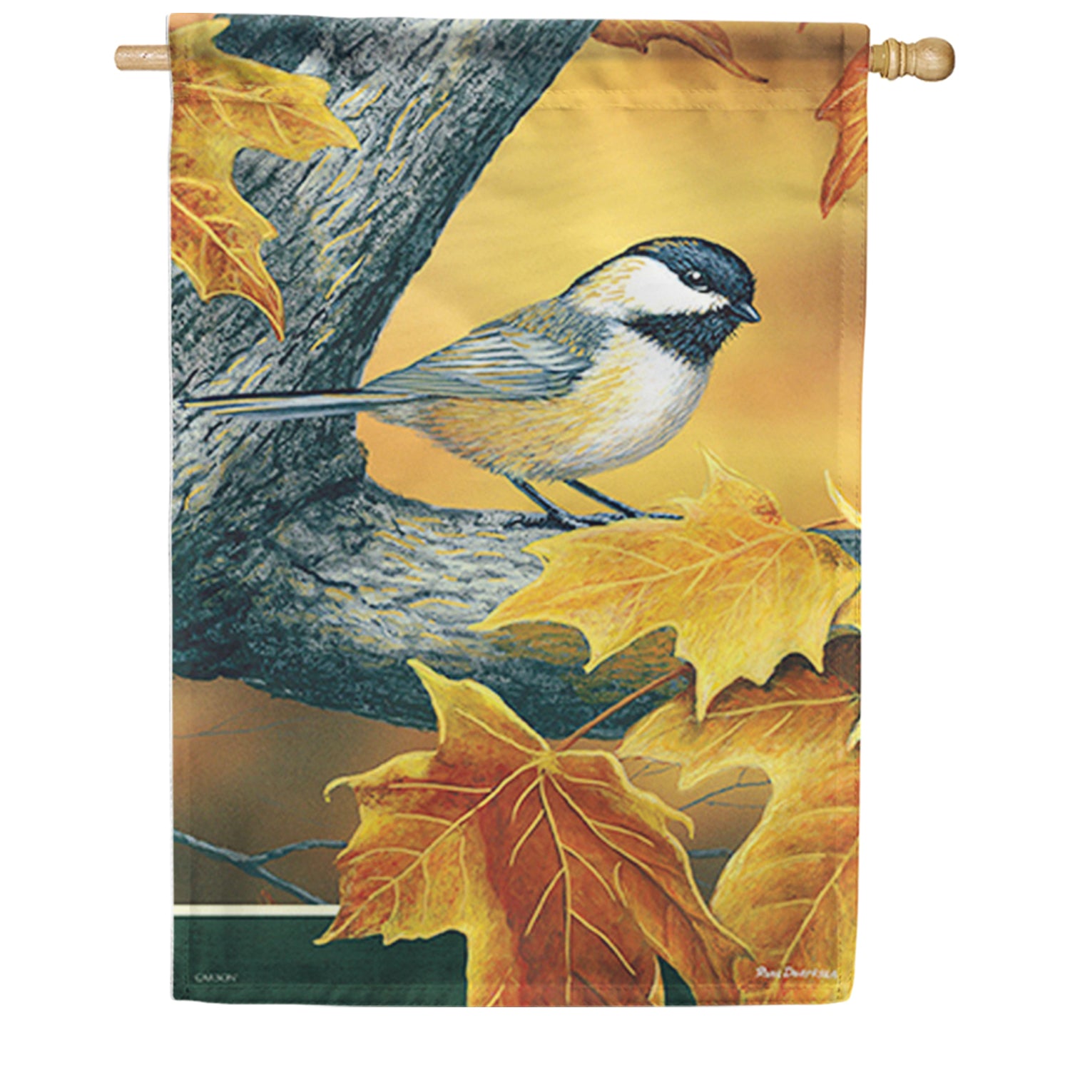 Chickadee In Autumn House Flag