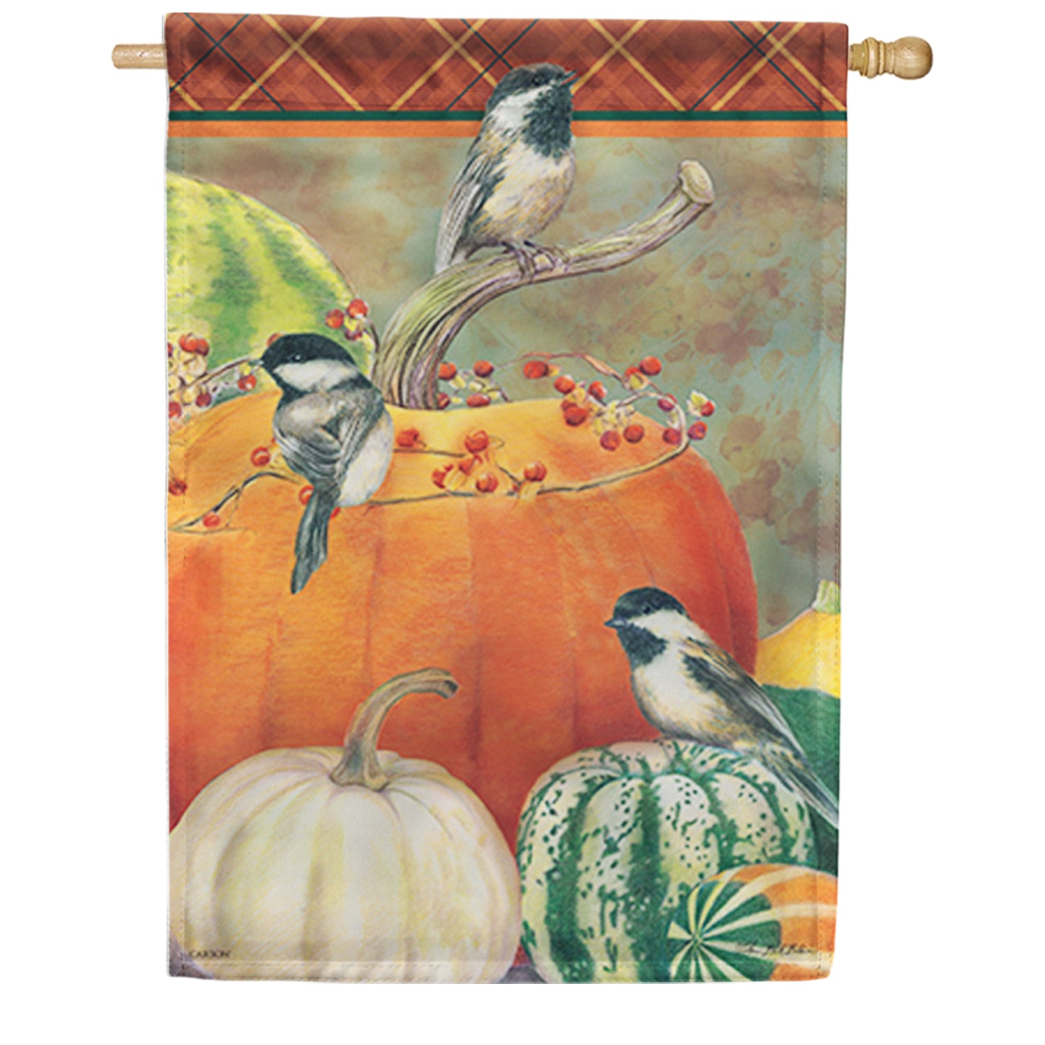 Chickadees & Gourds House Flag