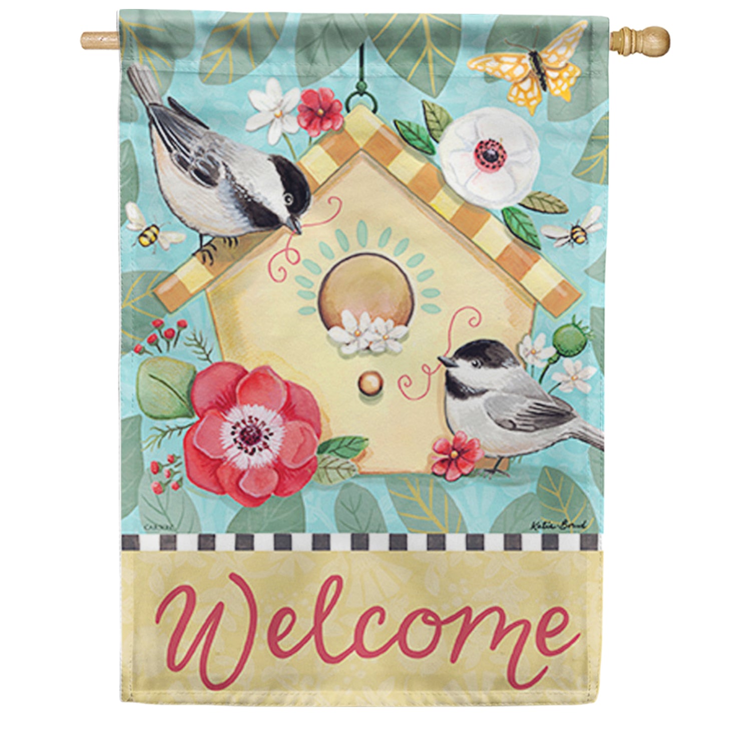 Birdhouse & Chickadees House Flag