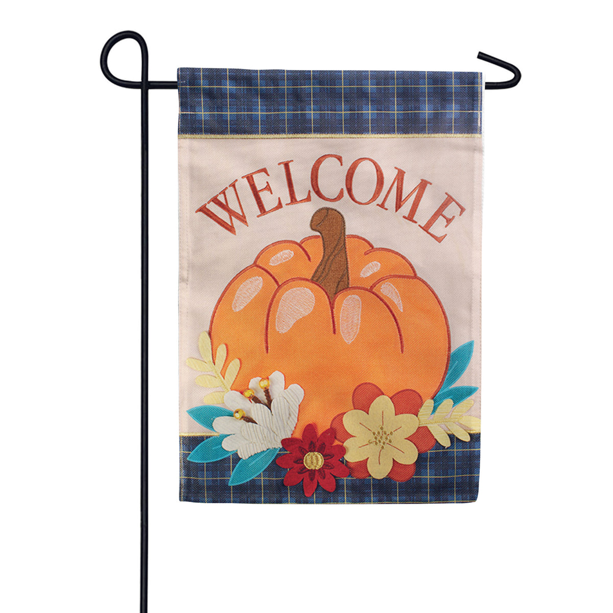 Plaid Pumpkin Floral Double Applique Garden Flag