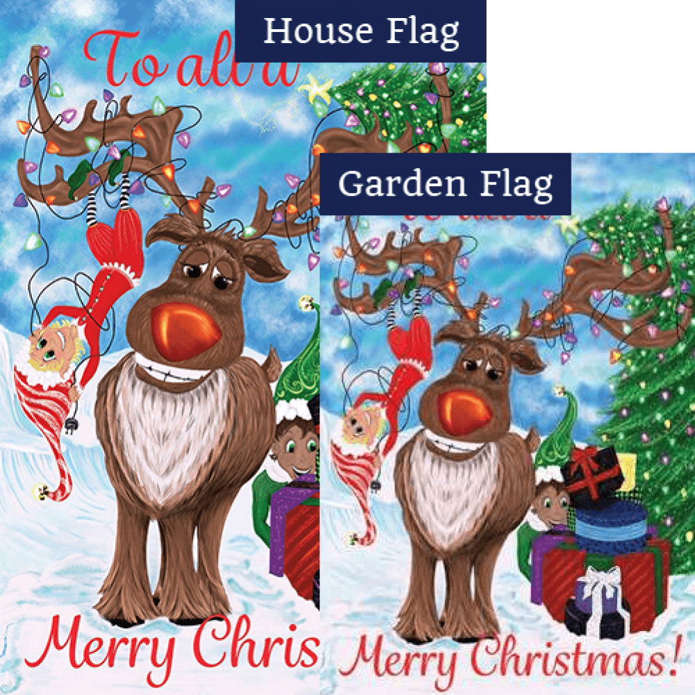Elves & Reindeer Double Sided Flags Set (2 Pieces)