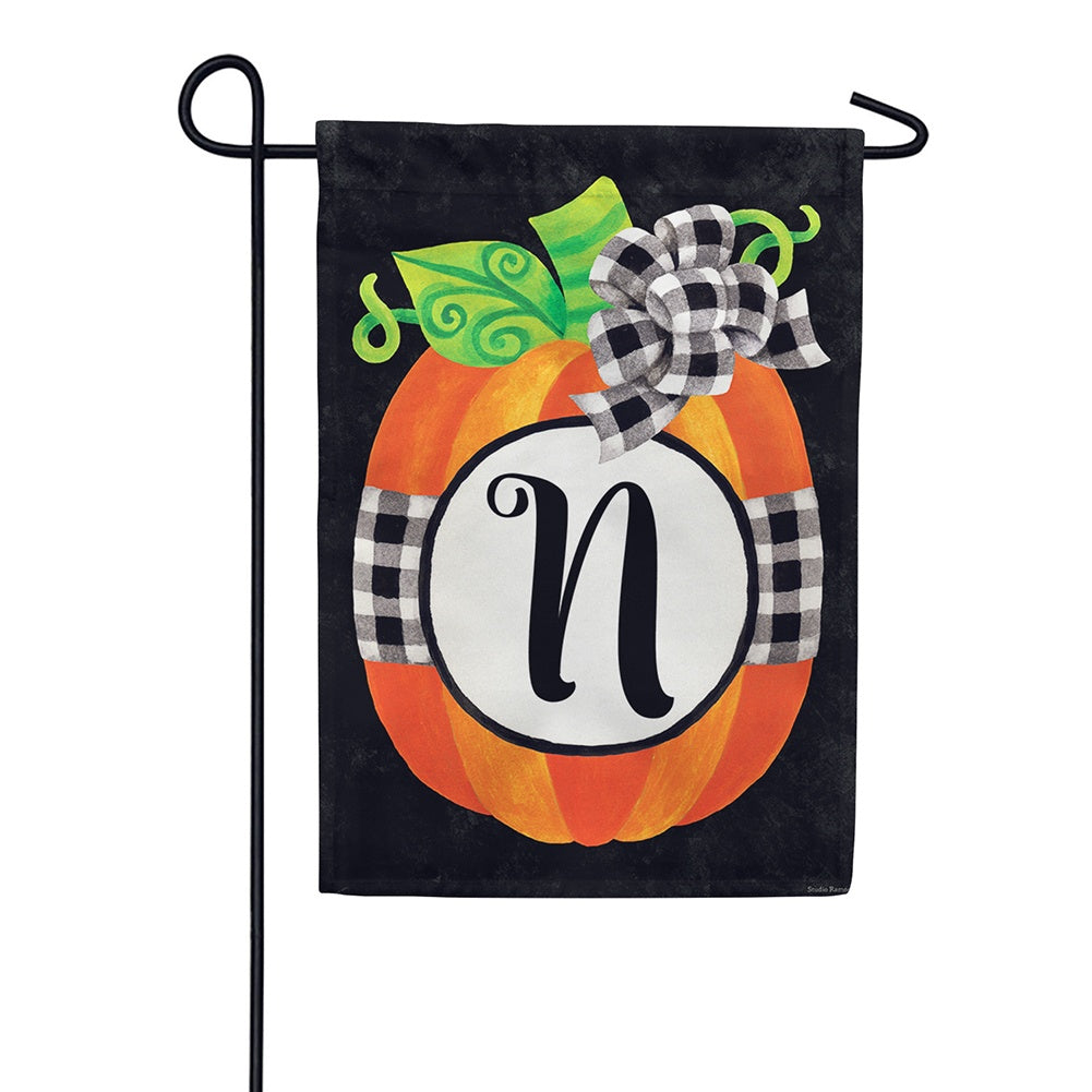 Gingham Pumpkin Monogram Appliqued Double Sided Garden Flag