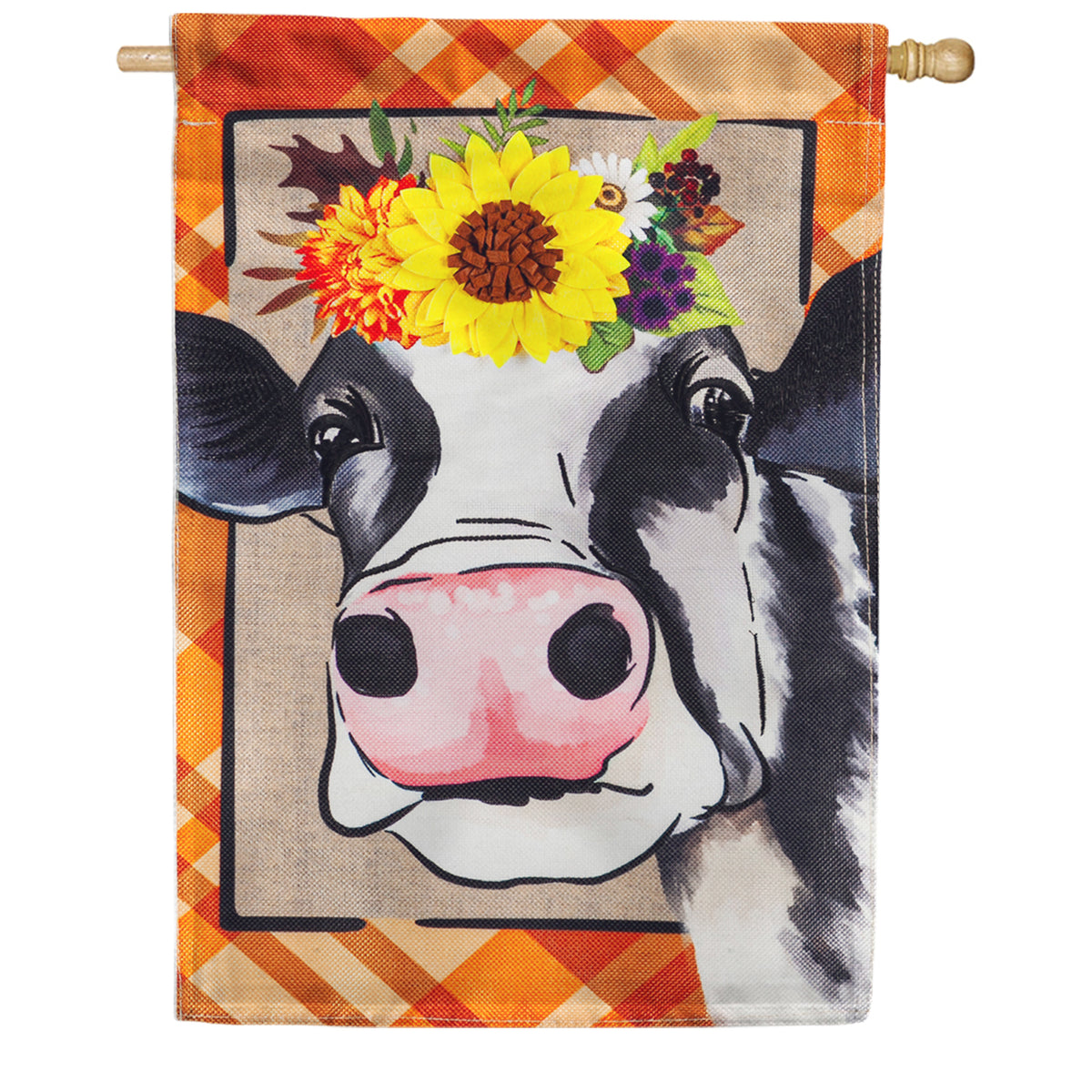 Evergreen Fall Cow Burlap House Flag