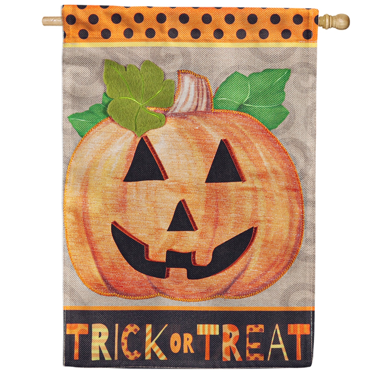 Evergreen Trick or Treat Pumpkin Burlap Double Sided House Flag