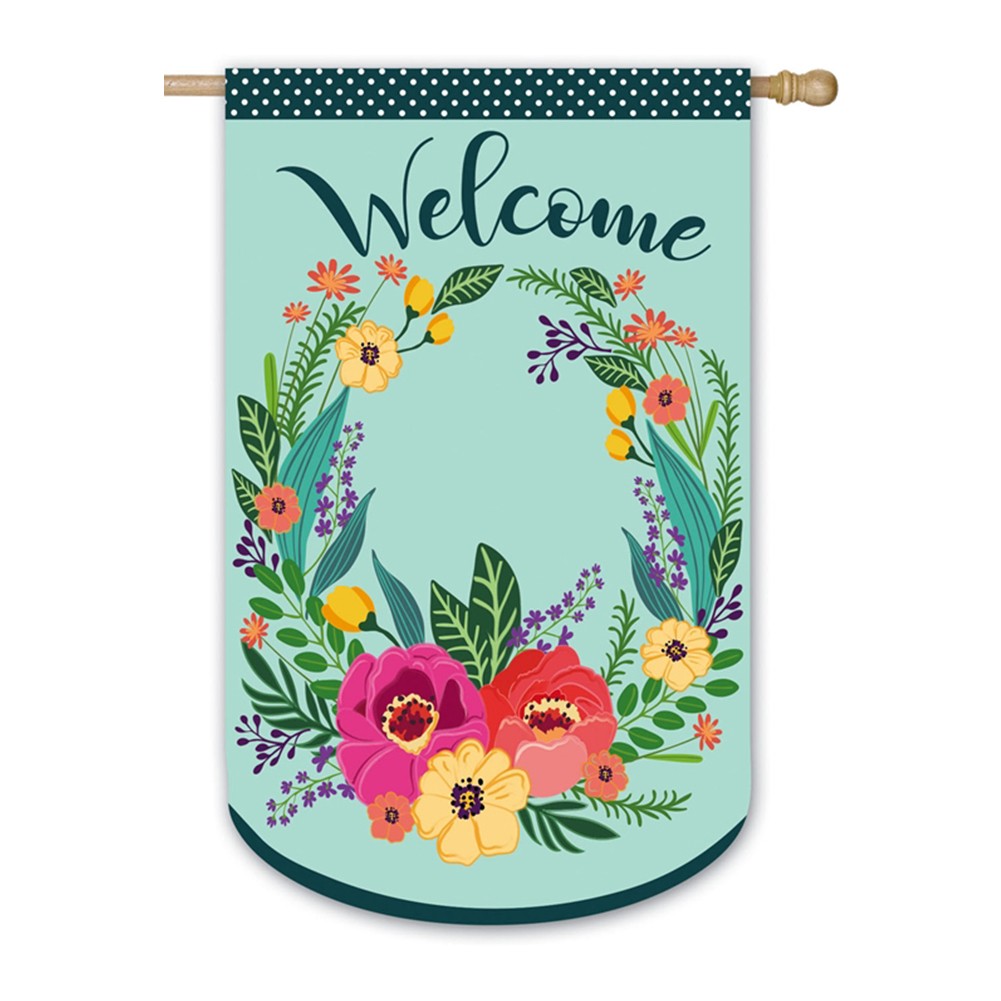 Spring Floral Welcome Wreath Burlap House Flag